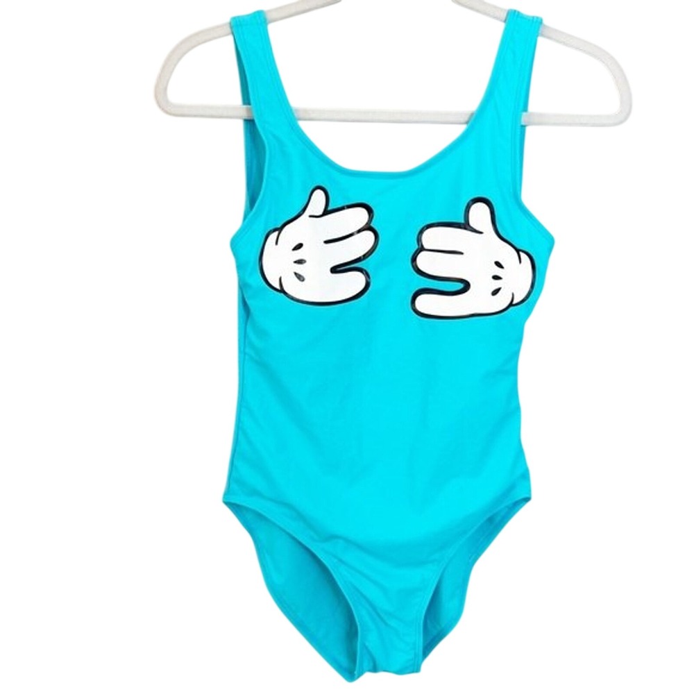 Turquoise Cartoon Glove Hands One Piece Swimsuit Medium Graphic Low Back Blue